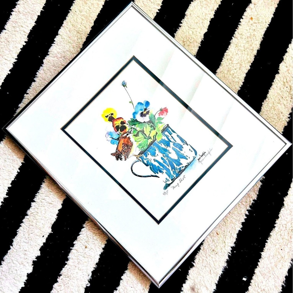 Florals and Bird Framed Lithograph Signed Jean Haefele Limited Edition